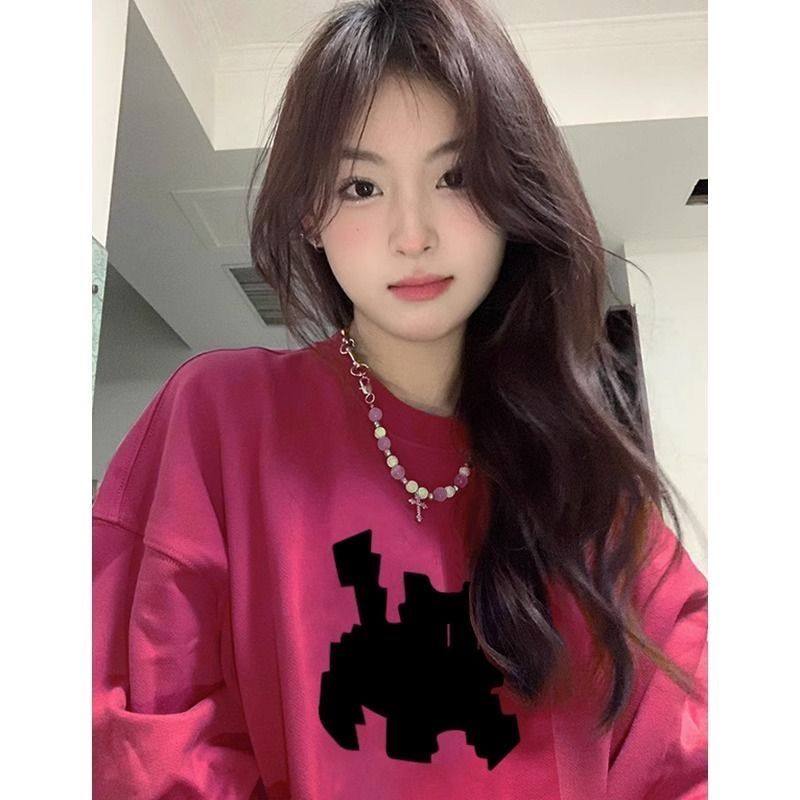美式圆领卫衣女玫红色2024春秋季新款小猫咪印花套头韩系加绒上衣