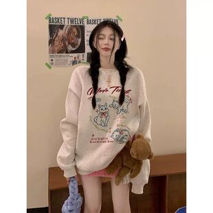 2024新款白灰色卫衣女秋冬宽松设计感初中学生穿搭美式上衣韩版潮