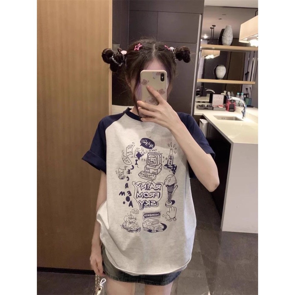 小众设计感纯棉插肩短袖t恤女夏季大码胖mm宽松拼色学生半袖上衣