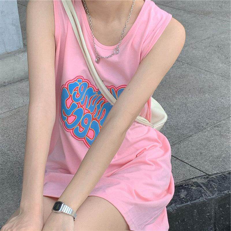 夏季粉色纯棉外穿无袖背心女韩版字母无袖内搭宽松学生学院风甜美