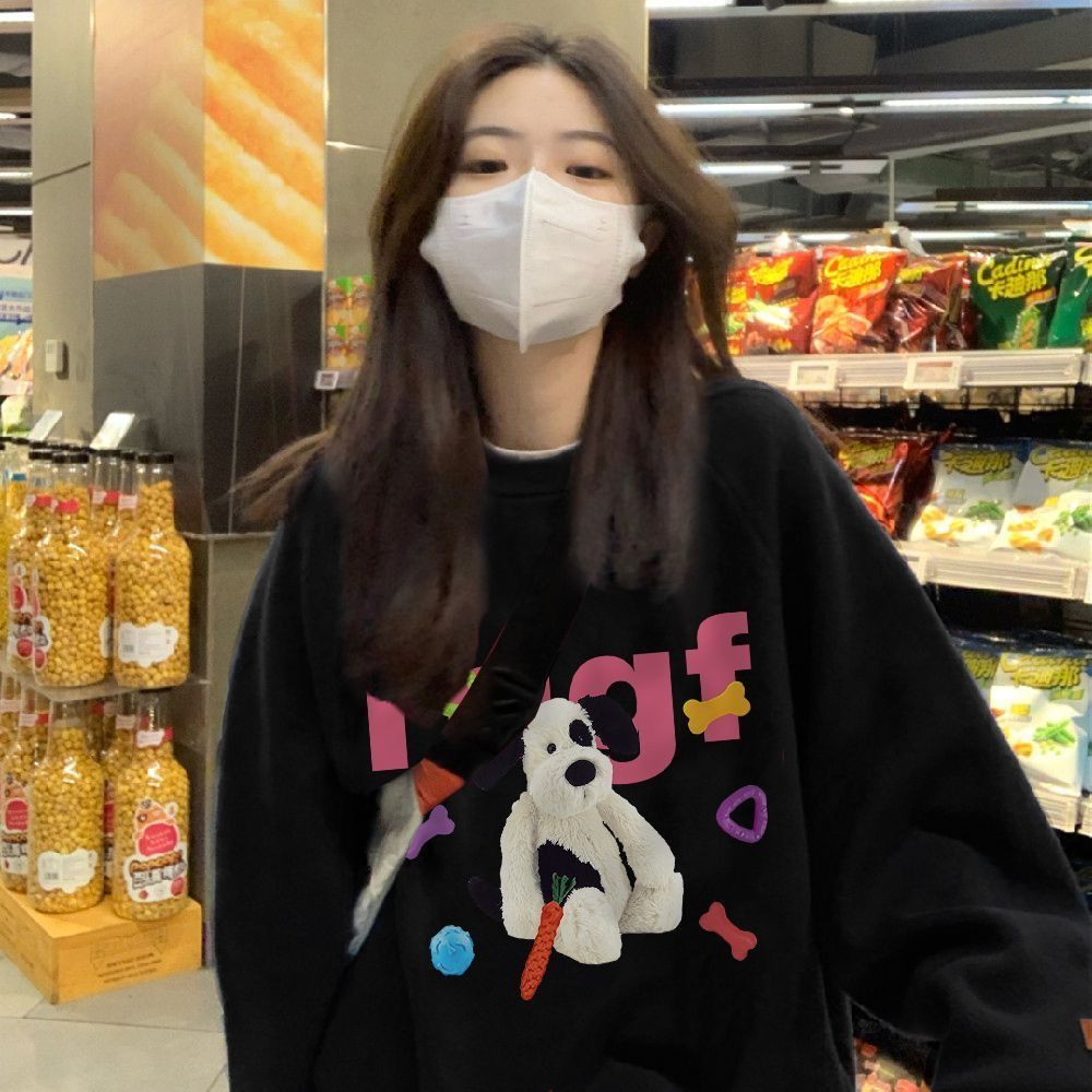 黑色卫衣女2024新款爆款春秋季外套宽松慵懒风长袖无帽圆领上衣潮