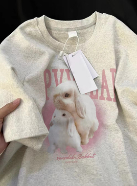 灰色T恤女短袖纯棉学生韩版宽松美式复古2023新款兔子印花夏季ins