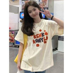 欧美高街纯棉hiphop印花短袖t恤女ins潮夏设计感小众BF风上衣体恤