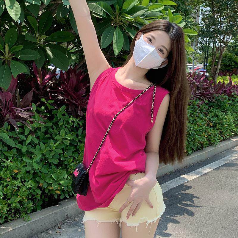 纯色新款火龙果玫红色纯棉无袖坎肩背心女insT恤2024夏季宽松上衣