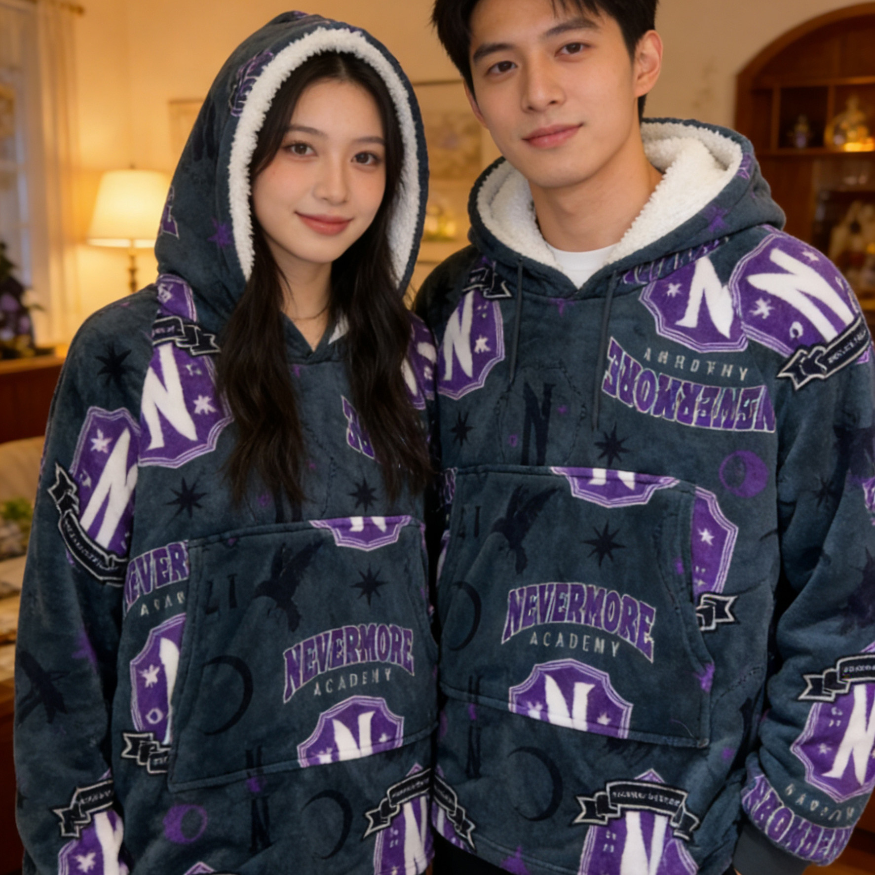 学院风情侣连帽卫衣男女同款加厚字母印花可外穿家居服睡衣