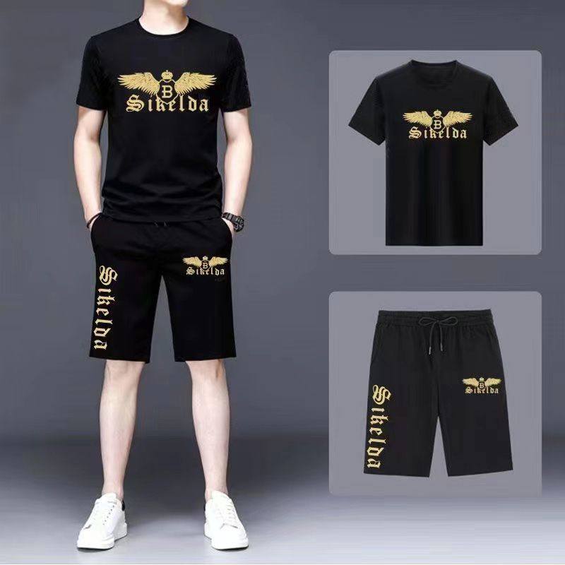 休闲套装男夏季时尚冰丝短袖两件套潮牌网红烫印花个性BOY运动服