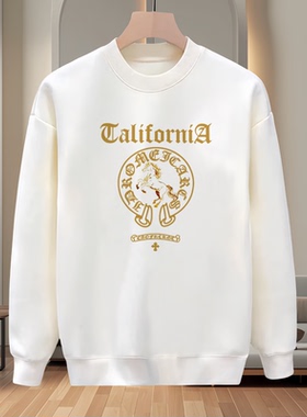 秋冬潮牌圆领卫衣男白色字母印花长袖休闲百搭上衣打底衫