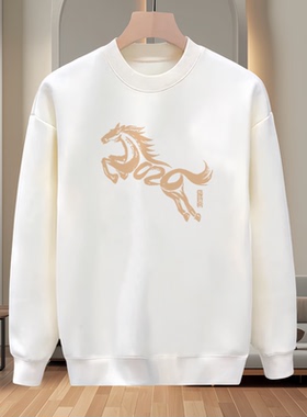 长袖休闲国潮风马印花圆领卫衣男白色宽松套头潮牌卫衣上衣