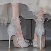 女夏季 18岁成年礼服婚纱两穿伴娘鞋 细跟水晶婚鞋 银色高跟鞋 新娘鞋