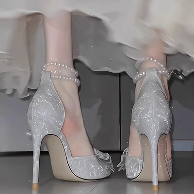银色高跟鞋女夏季18岁成年礼服婚纱两穿伴娘鞋细跟水晶婚鞋新娘鞋