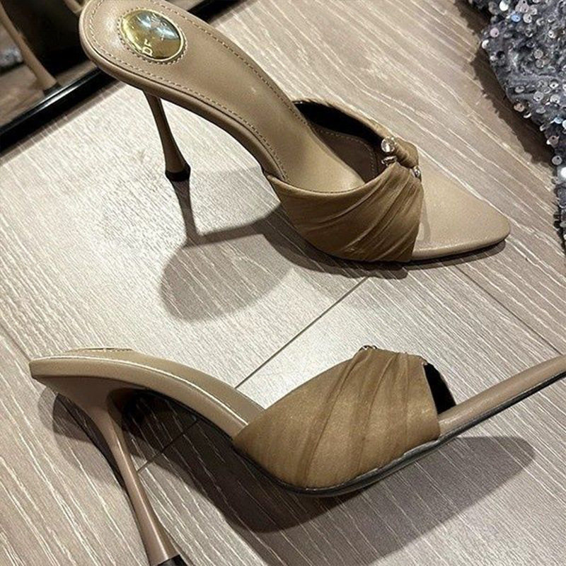 夏季新款露趾尖头金属扣褶皱绸缎一字拖女性感外穿细跟高跟鞋凉鞋,女鞋,一字拖,淘宝优惠券,粉丝福利购,淘宝优惠卷