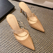 2022年夏季 外穿 细跟后空一字带透明半拖鞋 裸色凉鞋 尖头高跟凉拖鞋