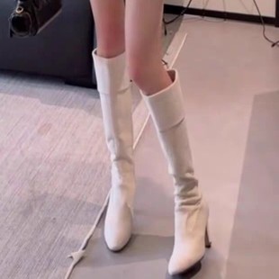 2025米色靴子女冬加绒高跟过膝靴新款 瘦瘦靴翻折长筒靴两穿高筒靴