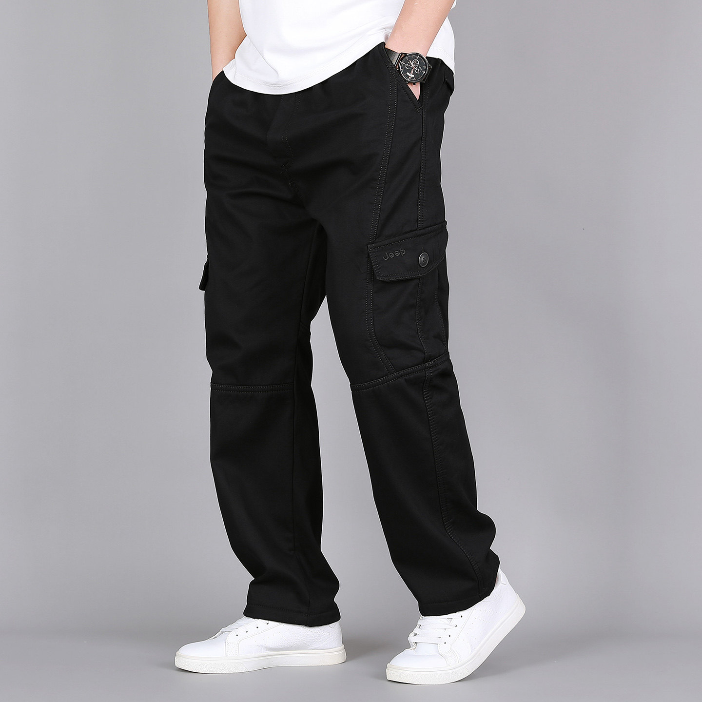 2025升级爆款加厚小个子男士加绒九分裤男裤子松紧腰宽松工装裤男