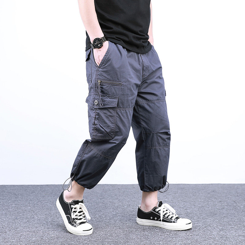 夏季男士八分裤男休闲裤宽松纯棉直筒裤青年七分裤工装裤短裤潮流