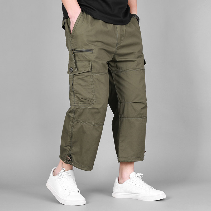 夏天工装裤薄宽松大码男士多口袋中裤户外休闲八分裤男夏季短裤男