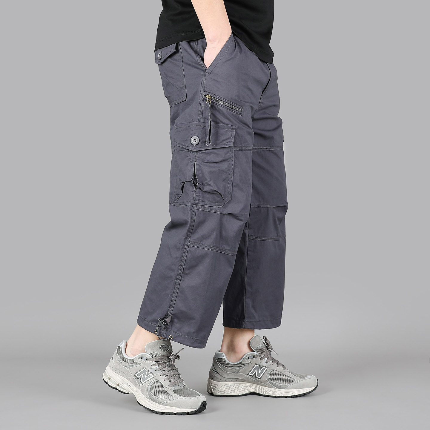 夏季薄款纯棉防丢拉链口袋八分裤男工装裤男士宽松休闲潮流直筒裤