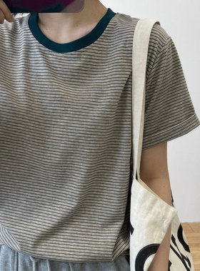 条纹拼色短袖t恤女ins潮女纯棉打