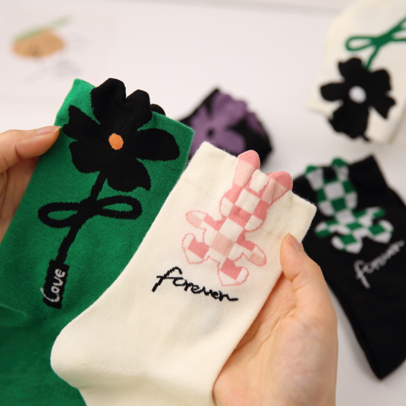 女生棉袜花朵兔子中筒袜