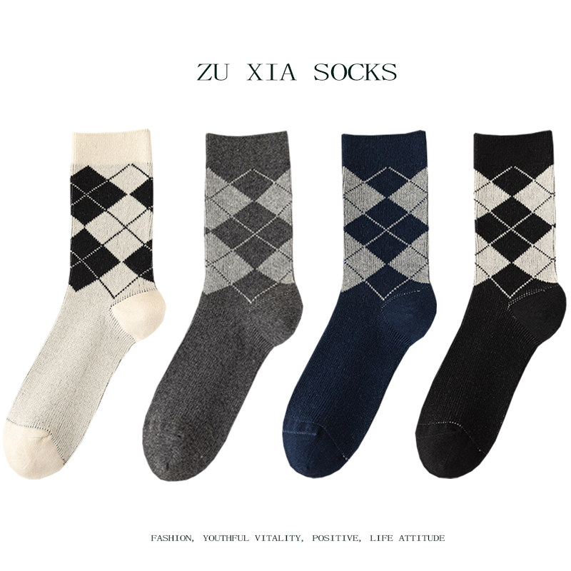 2025秋冬新款双针双路无线头菱形商务风休闲复古男士中筒袜纯棉袜