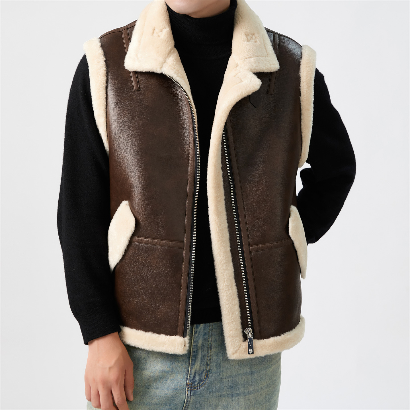 皮尔卡丹男士皮毛一体马甲加绒保暖无袖背心皮衣外套冬季加厚坎肩