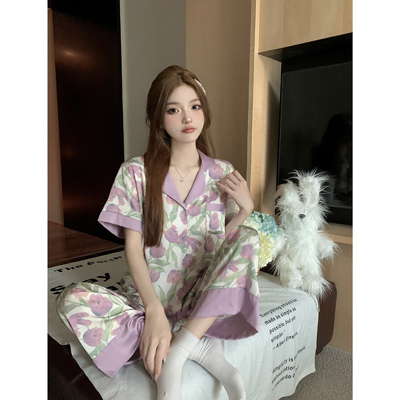 法式紫色郁金香睡衣女夏天冰丝短袖长裤花卉家居服套装薄款居家服