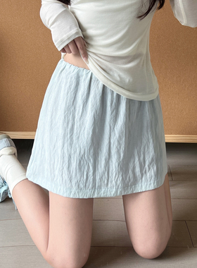 蓝色韩版天丝短裙女夏薄款2026新款甜美风半身裙高腰防走光a字裙