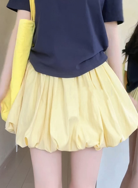 黄色蓬蓬花苞短裙女夏季2026新款裙裤a字裙小个子高腰显瘦半身裙