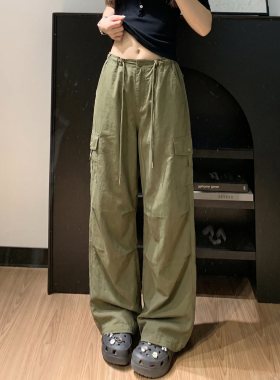 军绿色美式复古速干工装裤女夏季新品宽松显瘦直筒裤运动风休闲裤