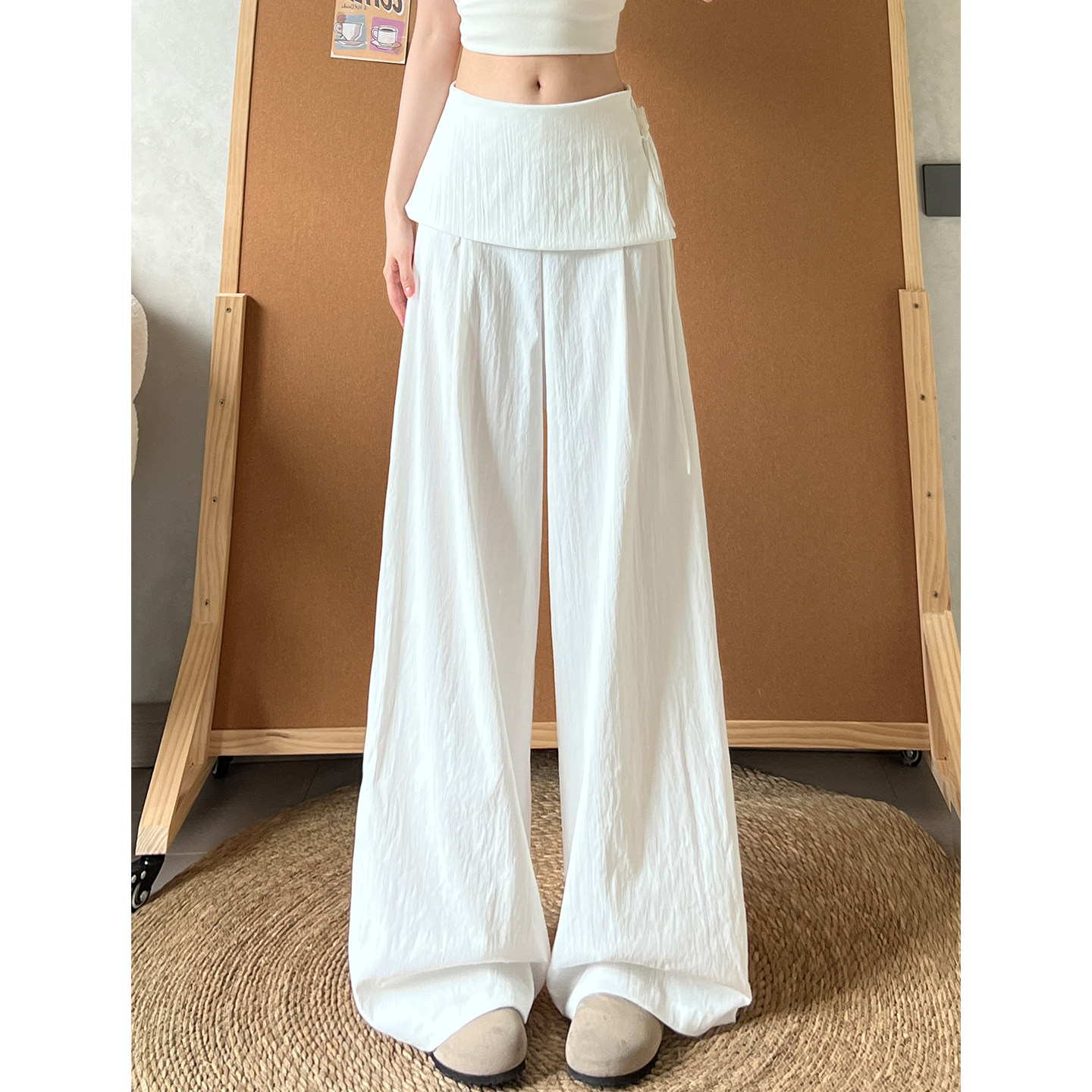 白色假两件屁帘绑带阔腿裤女薄款夏季2026新款高腰宽松显瘦休闲裤