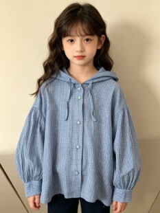 女童衬衫格子防晒衣2026新款儿童夏季纯棉甜美外套潮衣连帽防晒服