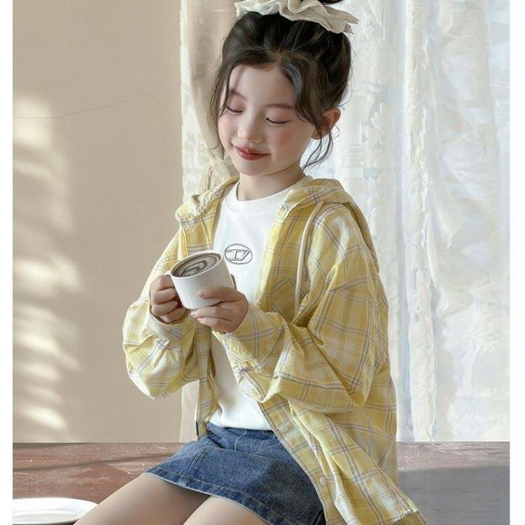 女童衬衫夏季2026新款儿童夏季凉感蕾丝甜美外套潮衣连帽防晒服
