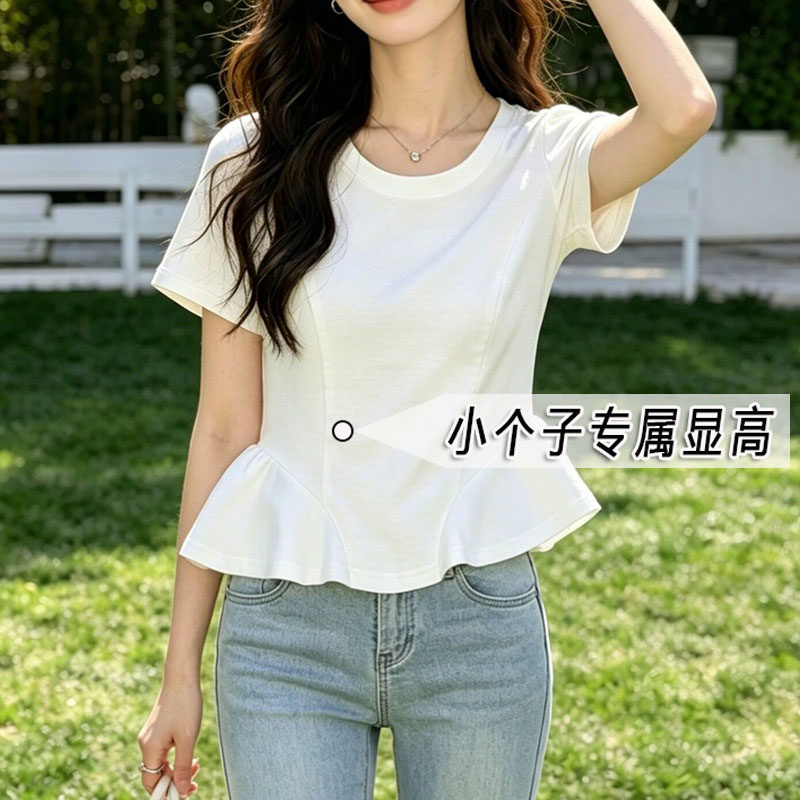 设计感小个子天丝荷叶边T恤女夏薄款显瘦正肩圆领短款收腰上衣xx