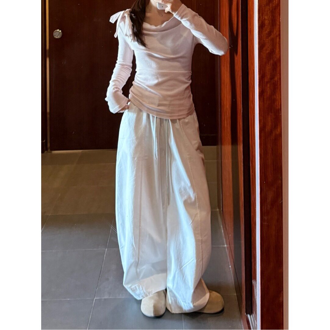 韩系慵懒风白色弯刀裤女小个子夏季薄款宽松显瘦高腰休闲拖地裤子