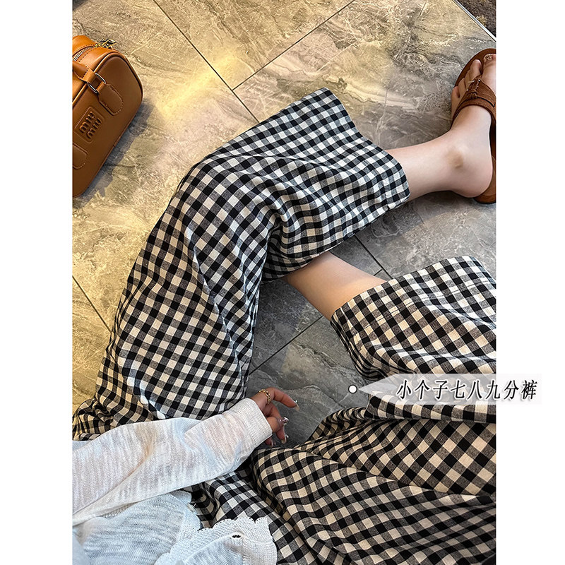 145xxs码七分黑白格子休闲裤女夏季新款韩版高腰显瘦小个子奶奶裤