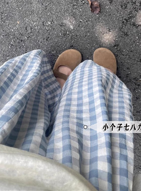 150小个子七分蓝色格子萝卜裤女夏薄款百搭宽松九分休闲哈伦裤xxs