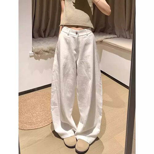 小个子九分慵懒白色棉麻西装弯刀裤女夏季高腰宽松休闲亚麻阔腿裤