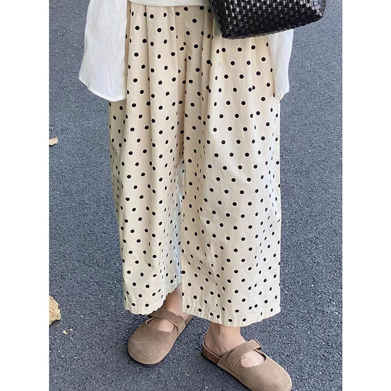 小个子七分直筒日系米白波点气球裤女夏款高腰宽松阔腿休闲九分裤