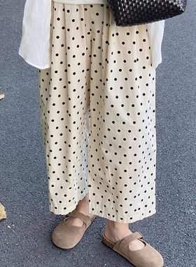 小个子七分直筒日系米白波点气球裤女夏款高腰宽松阔腿休闲九分裤