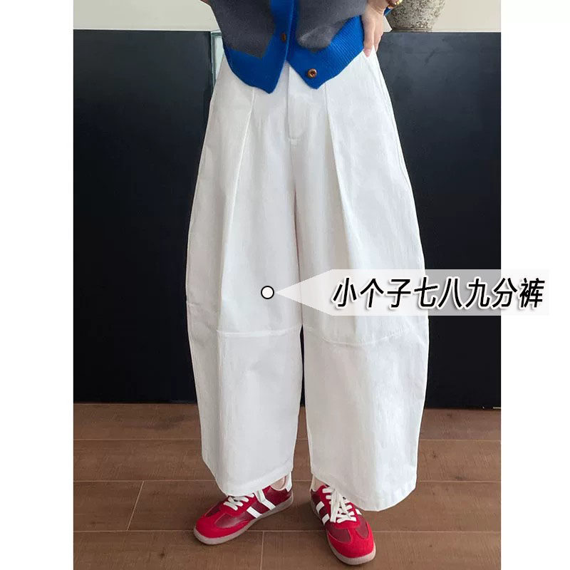 白色水洗纯棉阔腿裤女夏薄款日系宽松遮跨八九分小个子萝卜裤子xs