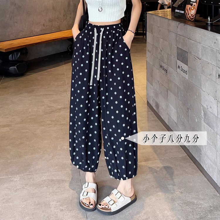 150小个子波点哈伦裤女夏季薄款高腰宽松百搭棉麻八九分阔腿裤xxs
