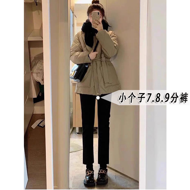 小个子黑色直筒牛仔裤女秋冬季加绒高腰弹力紧身裤145显瘦八分裤