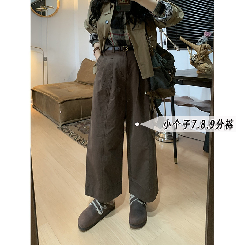 水洗棉咖色休闲裤女秋季显高穿搭150小个子阔腿裤xxs直筒九分裤子