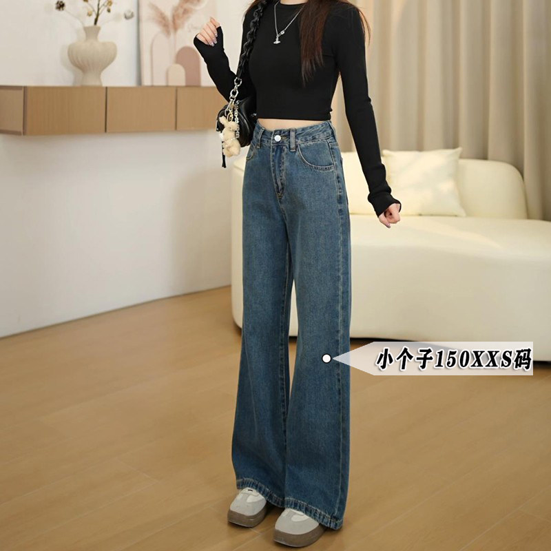 复古深蓝九分微喇叭牛仔裤女小个子夏季显高搭配145xxs窄版阔腿裤