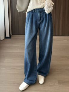 ZHENEN～BC风格双褶皱宽松优雅直筒阔腿女士水洗牛仔裤