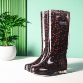 双回长筒水晶女雨靴高筒花布妈妈田园水靴厨房防滑防水鞋 劳保胶鞋
