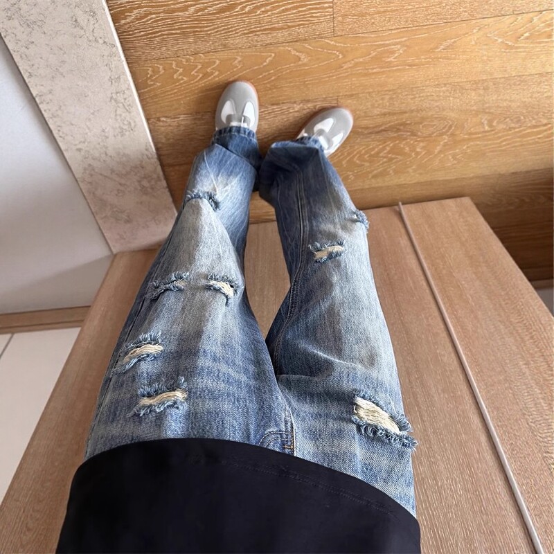 高街闪电纹水洗蓝色破洞牛仔裤