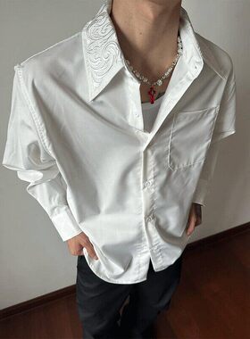 永生花刺绣白色长袖衬衫男款cleanfit高级感痞帅西装内搭衬衣外套