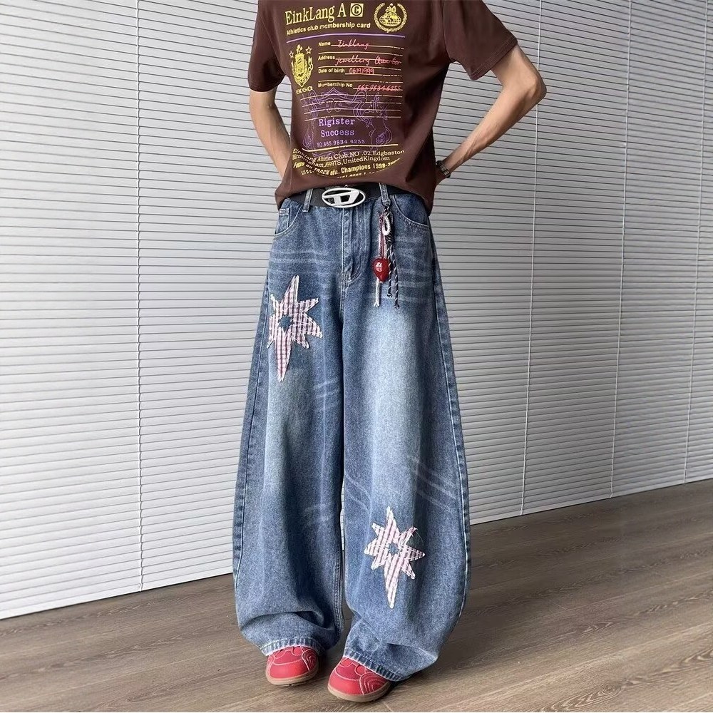 美式星星贴布猫须纹牛仔裤男女秋季cleanfit宽松慵懒休闲拖地裤子