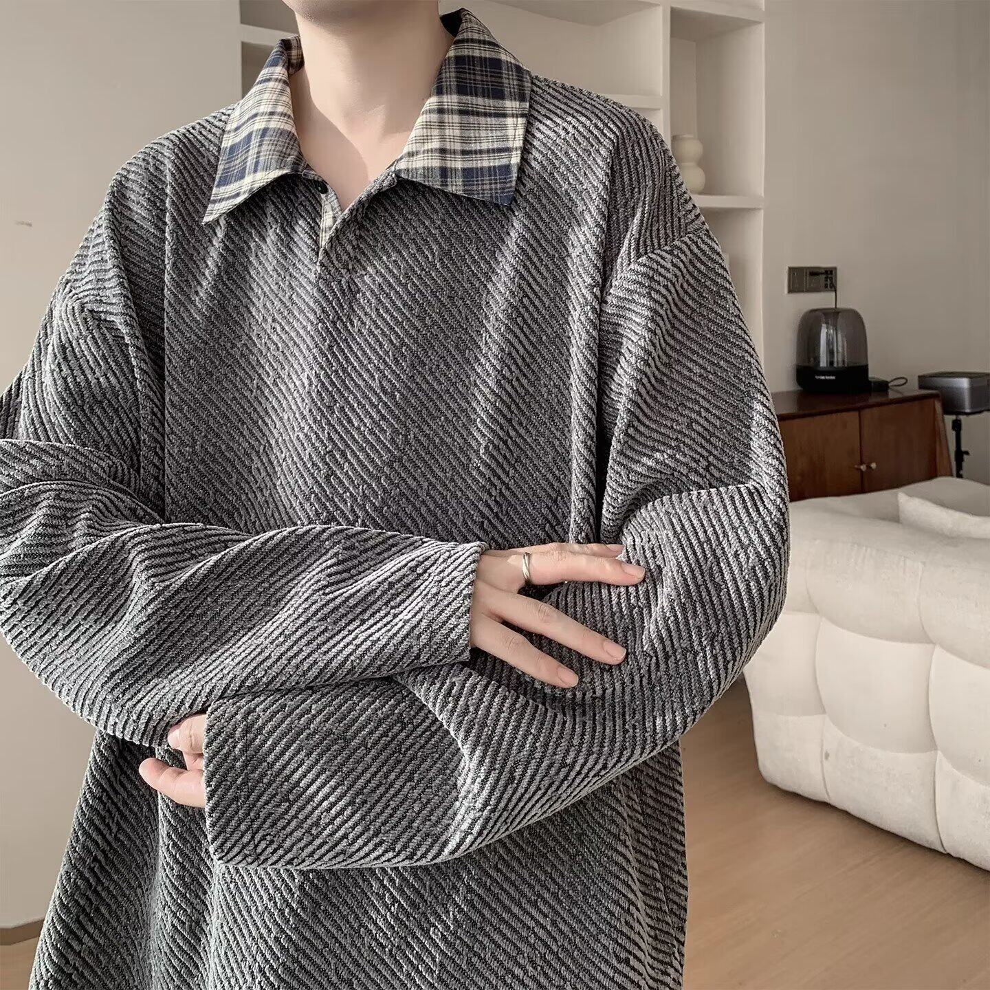 格子斑马纹polo衫男春秋潮牌美式重磅衣服宽松青少年翻领长袖t恤